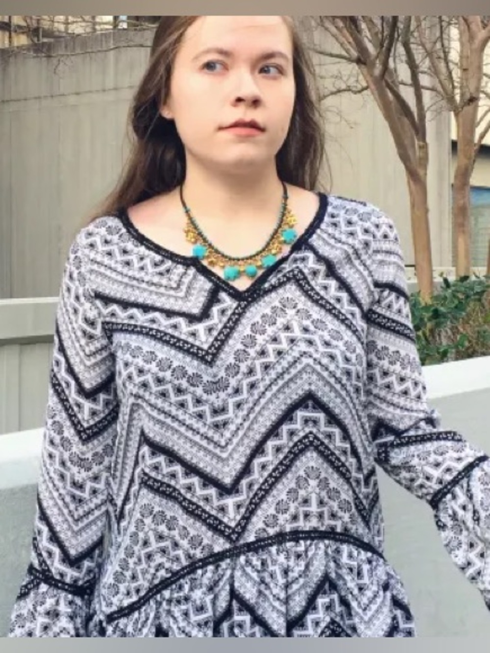 About A Girl Black & White Chevron V-Neck Ruffle Hem Tunic